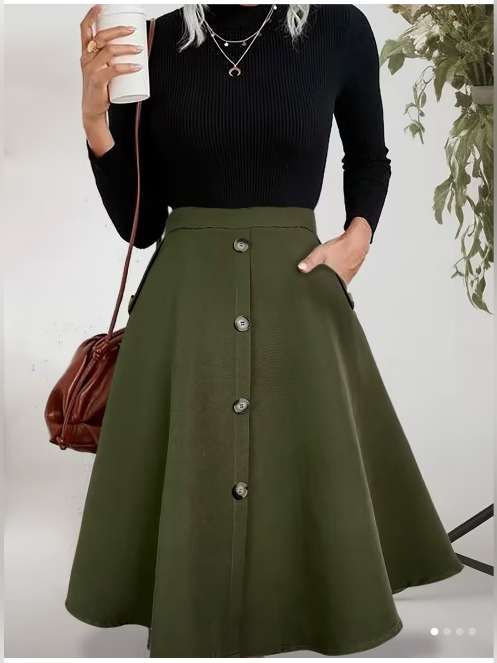Olive Button-Front A-Line Midi Skirt
